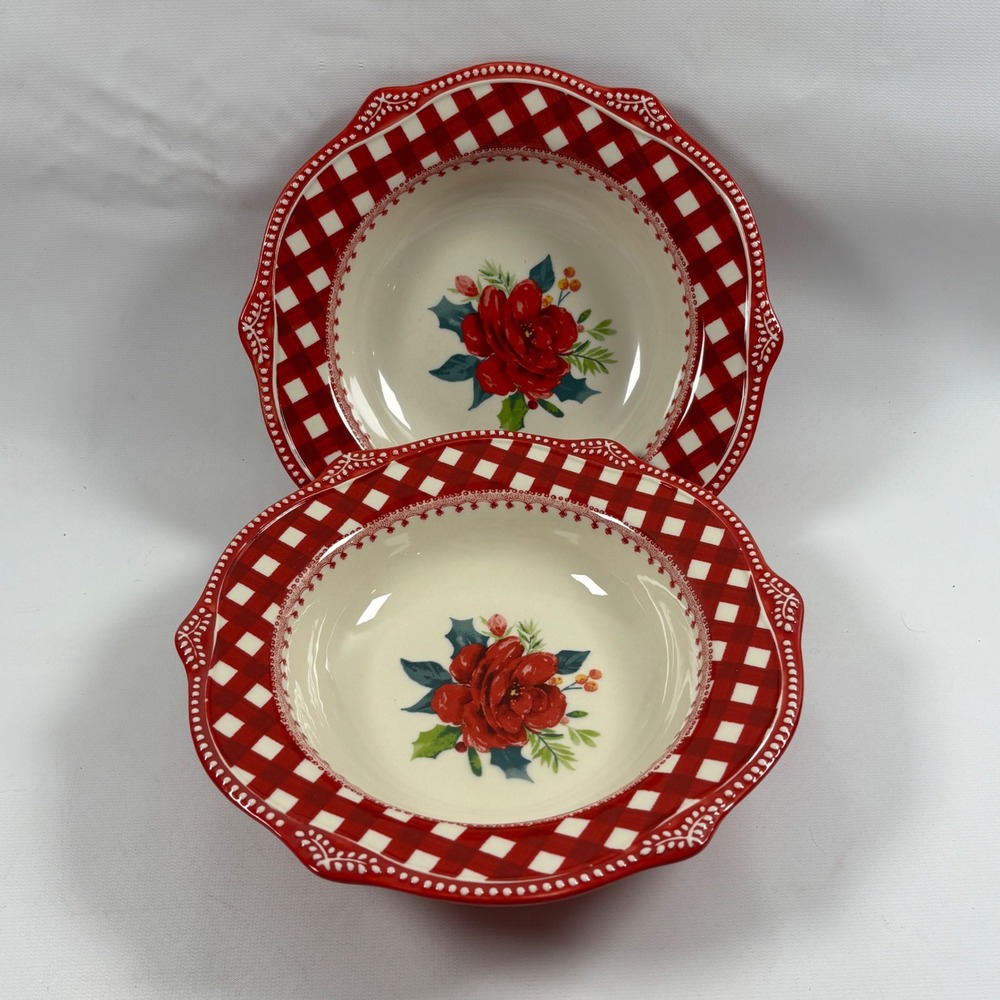 The Pioneer Woman Cheerful Rose Gingham Low Rim Bowl Set of 2 Red Soup Holiday